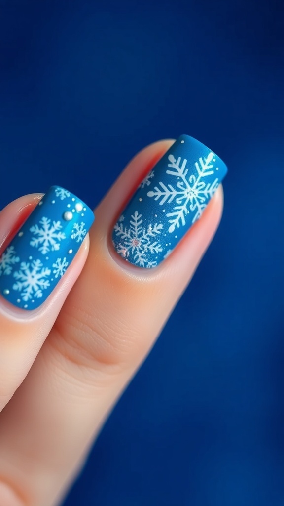 Short blue Christmas nails with white snowflakes and glitter.